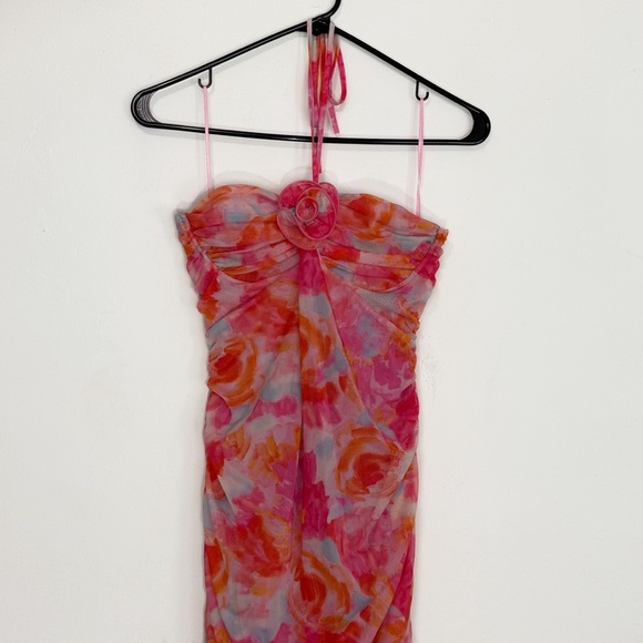 Zara Blogger Favorite Printed Tulle Floral Halter Sheer Dress, Pink Orange sz L - Picture 3 of 10